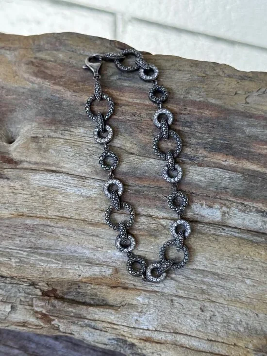 Sterling Silver Link Bracelet 925 Marcasite Style Circle Link Lobster Clasp 7” 1 - Picture 8 of 8